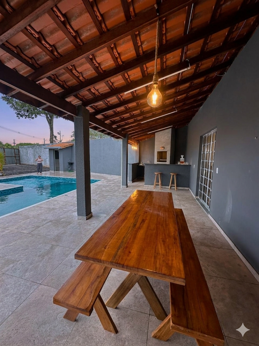 Mesa de madeira na área gourmet