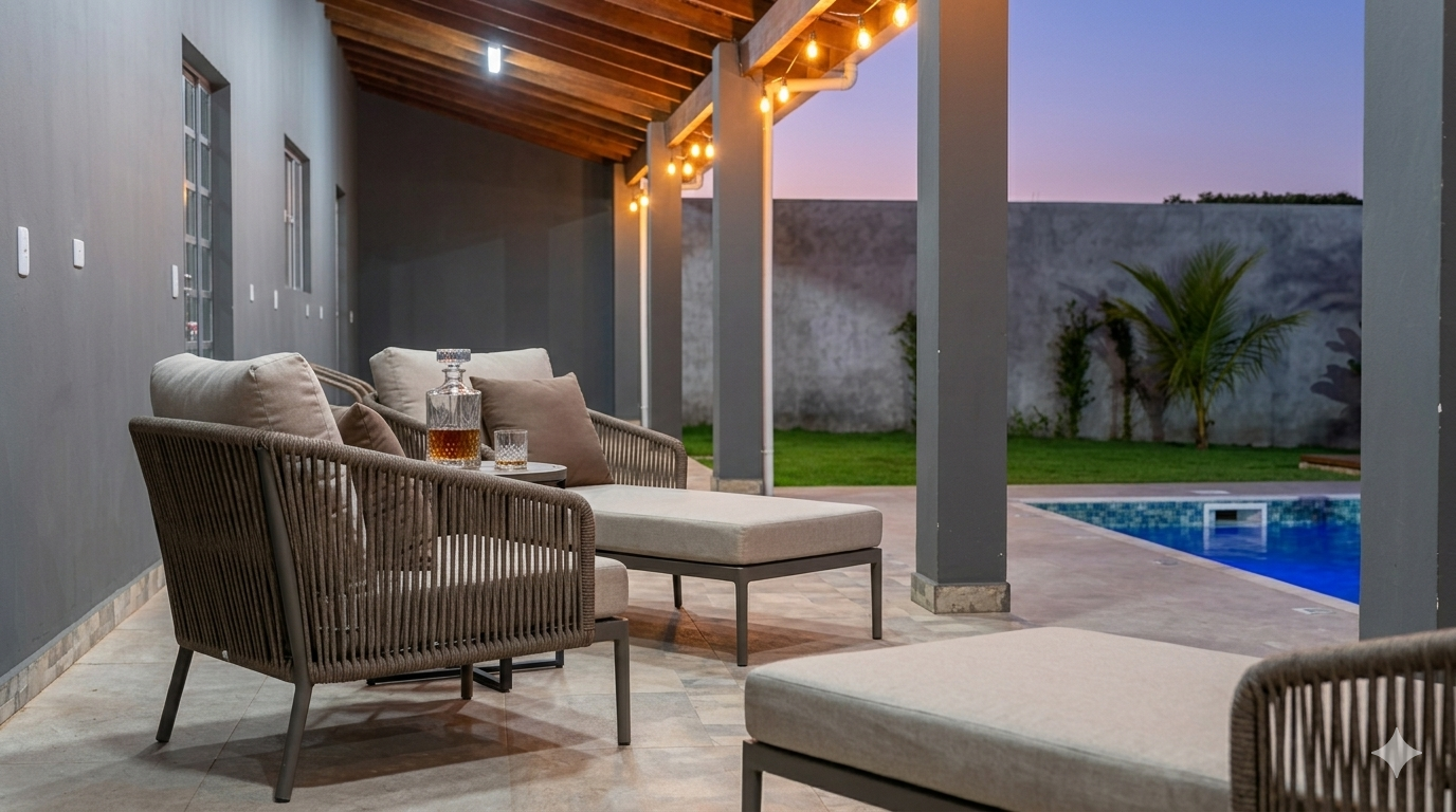 Lounge com sofás e drinques